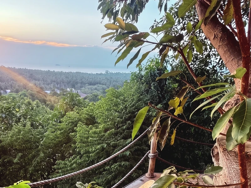 Blick von einer Holzterrasse über den tropischen Wald von Koh Phangan bis zum Meer