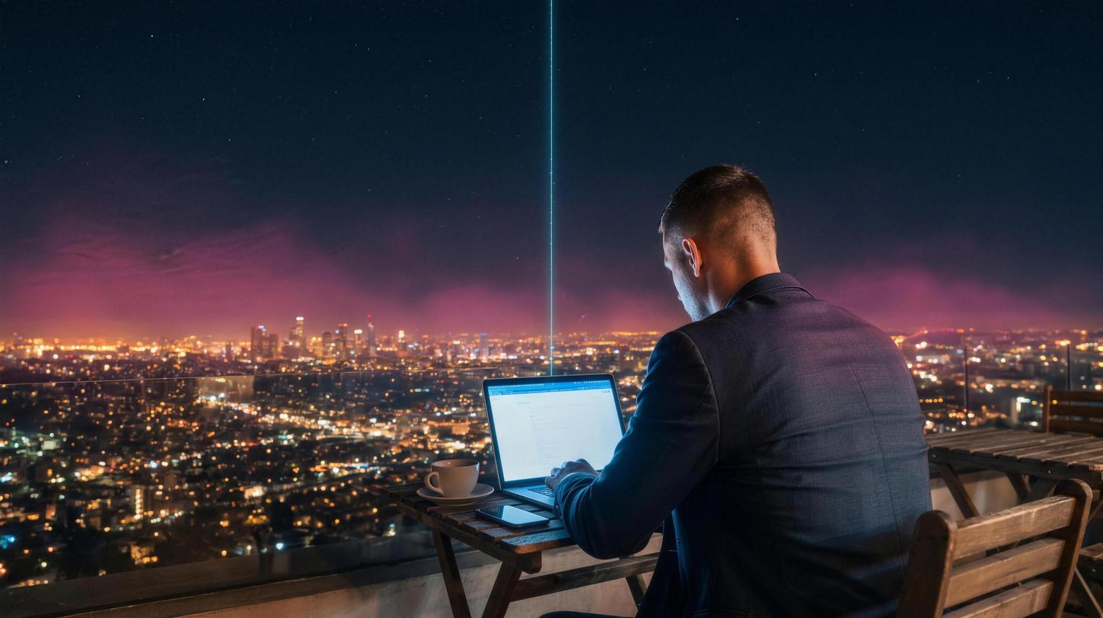Selbstständiger arbeitet nachts am Laptop auf einer Dachterrasse über der leuchtenden Skyline