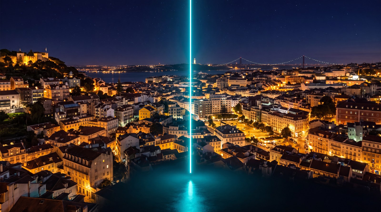 Küstenstadt am Atlantik bei Nacht
