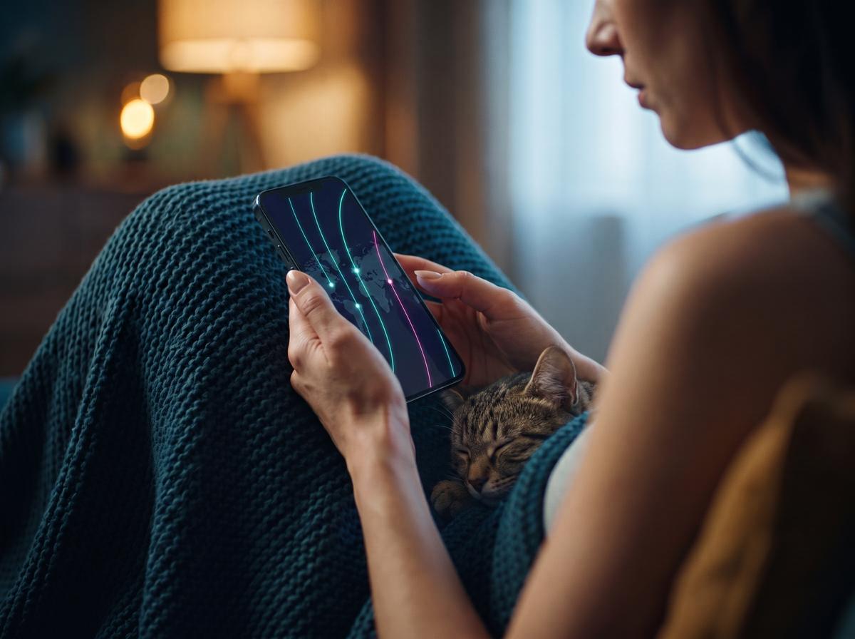 Frau unter einer Petrol-Strickdecke mit schlafender Katze, auf dem Smartphone leuchtet eine dunkle Astro-Karte mit türkisen und pinken Linien