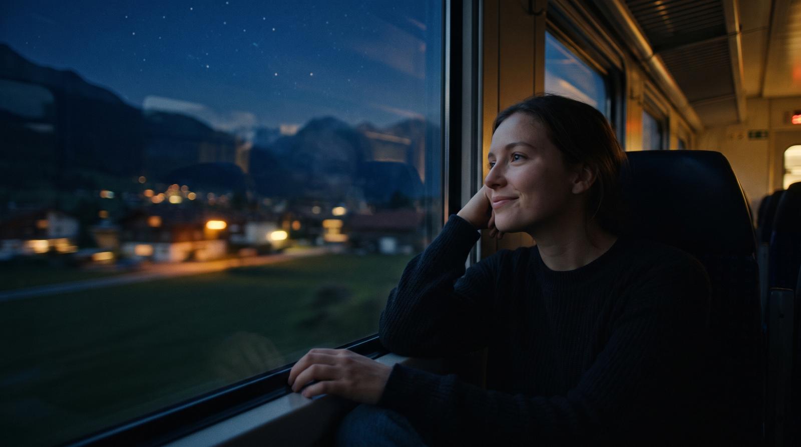 Reisende lehnt am Fenster eines Nachtzugs, draußen ziehen die Lichter eines Bergdorfs unter Sternen vorbei