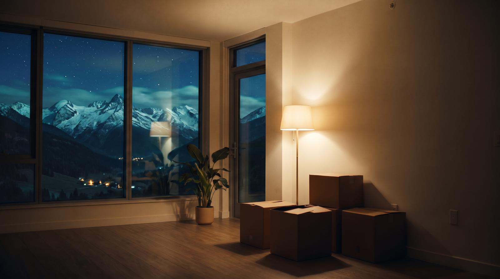 Leere Wohnung mit Umzugskartons und warmer Stehlampe, vor dem Panoramafenster mondbeschienene Berggipfel
