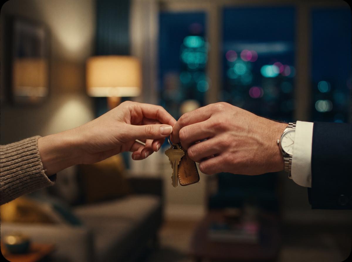 Eine Frauen- und eine Männerhand halten gemeinsam einen Haustürschlüssel, im Hintergrund warmes Lampenlicht und nächtliche Stadtlichter