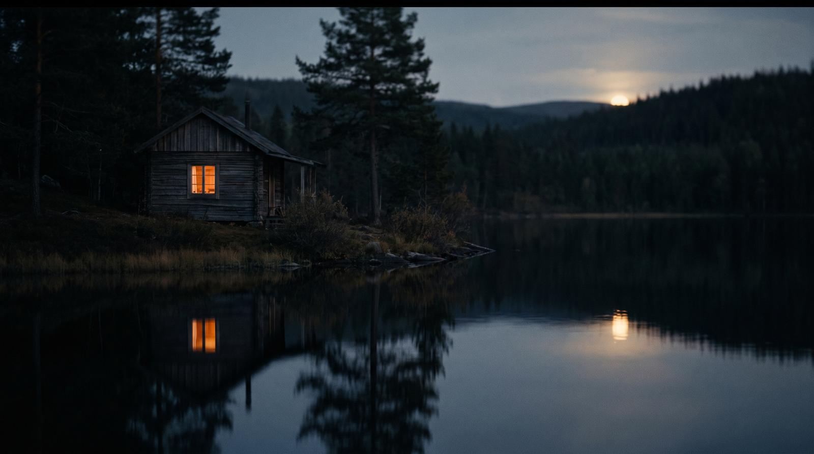 Holzhaus am ruhigen See bei Nacht, ein warm erleuchtetes Fenster spiegelt sich im Wasser